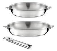 CUISINOX - Eclipse - Lot 2 poêles inox 24-28 cm et poignée inox - Fond encapsulé - Compatible tous feux dont plaques à induction et four - Acier Inoxydable 18/1 - Finition miroir - Poignée Amovible