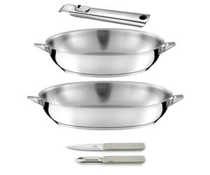 CUISINOX - Eclipse - Set cuisson et coutellerie - Poêles 24/28 cm inox, éplucheur et couteau office - Poignée amovible inox - Compatible tous feux dont induction