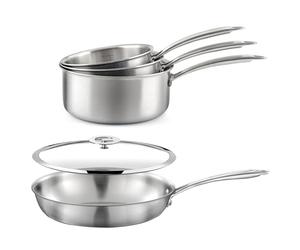 CUISINOX - Gourmet - 3 casseroles 16-18-2 cm, poêle 24 cm, couvercle 24 cm - Poignée fixe - Triply - Compatible tous feux - Acier inox 18/1 - Sans PFAS, PTFE, PFOA - Made in France