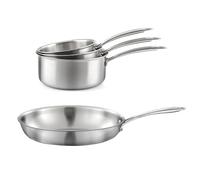 CUISINOX - Gourmet - 3 casseroles 16, 18 et 2 cm (1.5, 2.5, 3L) et 1 poêle 32 cm tout inox - Triply - Compatible tous feux - Finition Satinée - Poignée Fixe - Sans PFAS, PTFE, PFOA - Made in France