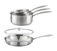 Cuisinox Gourmet - Lot de 3 casseroles inox 16/18/20 cm, 1 poêle inox 24 cm, 1 couvercle 24 cm