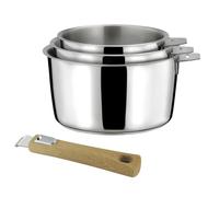Cuisinox - Malice - 3 casseroles 16/18/20 cm (1.5L, 2L, 3L) tout inox avec poignée effet bois clair - Fond sandwich - Compatible tous feux - Acier Inox 18/10 - Finition brillant - Poignée Amovible
