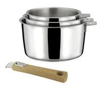 CUISINOX - Malice - 3 casseroles 16/18/2 cm (1.5L, 2L, 3L) tout inox avec poignée effet bois clair - Fond sandwich - Compatible tous feux - Acier Inox 18/1 - Finition brillant - Poignée Amovible