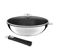 CUISINOX - Malice - Wok 28 cm avec revêtement céramique, couvercle et poignée noire - Fond sandwich - Compatible tous feux dont induction - Acier Inox 18/10 - Finition brillant - Poignée Amovible
