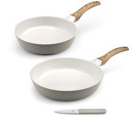 CUISINOX - Mythic - Set cuisson et coutellerie - Pôele 24/28 cm, couteau office - Revêtement en céramique blanche - Poignée Fixe Soft Touch effet bois - Sans PFOA et PFAS