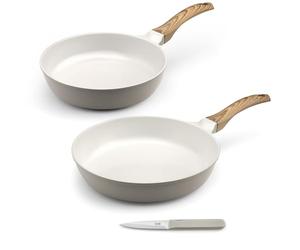 CUISINOX Mythic 2 poêles 24/28 cm céramique blanche + office, Tous feux | Set cuisson et coutellerie (poêle 24/28 cm, office), Céramique blanche, Poignée Soft Touch bois, Sans PFOA/PFAS