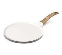 Cuisinox - Mythic - Crépière 25.7 cm avec revêtement en céramique Blanche - Poignée Fixe Soft Touch Effet Bois - sans PFOA et PFAS - Coloris Blanc et Gris