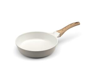 Cuisinox - Mythic - Poêle 2 cm avec revêtement en céramique blanche - Poignée Fixe Soft Touch effet bois - Sans PFOA et PFAS - Coloris Blanc et Gris