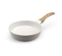 Cuisinox - Mythic - Poêle 24 cm avec revêtement en céramique blanche - Poignée Fixe Soft Touch effet bois - Sans PFOA et PFAS - Coloris Blanc et Gris