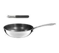 Cuisinox - Virtuo - Wok 24 cm et éplucheur gris - Fond triply, revêtement nid d'abeille antiadhérent - Compatible tous feux dont induction - Finition satinée - Sans PFOA et PFAS - Made in France