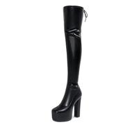 Cuissardes pour Femmes au-Dessus du Genou,Bottes Hautes à Plateforme Extensible à Talons épais et Bout carré,Bottes à Talons Hauts Sexy Noires à Lacets et Fermeture éclair,Noir,43 EU