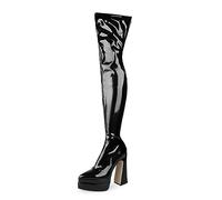 Cuissardes pour Femmes Classique Couleur Unie Cuir Verni Brillant Cuissardes Bout Pointu Double Plateforme d'eau Bottes à Talons Hauts épais 15 cm