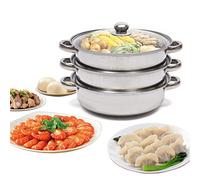 Cuit Vapeur Inox 3 Étages Cuiseur Vapeur Universel Marmite À Vapeur Multi-Couches Avec Couvercle Verre, Lavable Au Lave-Vaisselle Compatible Tous Feux Gaz Induction Électrique Halogène