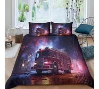 CUIXIAOQI Housse de Couette imprimée numériquement - Camion de Pompiers, décoration de Chambre, thème exprimant Le Courage et l'héroïsme, Housse de Couette 3D + Deux taies d'oreiller (65×65 cm)