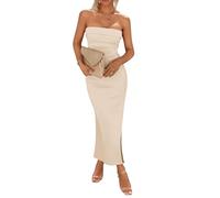 CUIYANG Womens Summer Bodycon Maxi Tube Dress Ribbed Strapless Side Slit Long Going Out Casual Elegant Party Dresses(Apricot,M)