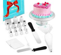 CukkiCakes Kit de décoration de gâteau (42 pièces) avec plateau rotatif + 13 grandes douilles + manche à pâtisserie réutilisable (+20 jetables) + 2 spatules + 3 palettes lissantes + 2 coupleurs
