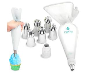 CukkiCakes Kit de pâtisserie professionnel (8pcs): poche à douille reutilisable (35cm) + 6 douilles russes à pâtisserie grandes - Pour décorer gâteaux et cupcakes