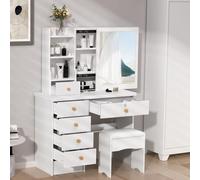 cukoekim Coiffeuse et tabouret avec miroir coulissant, table de maquillage avec 6 tiroirs et étagères ouvertes/cachées, coiffeuse moderne pour petites filles, blanc