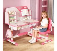cukoekim Ensemble de chaises de bureau réglables pour enfants, table d'étude, bureau d'apprentissage à domicile avec chaise ergonomique avec motif dessin animé, bibliothèque et tiroir (rose)