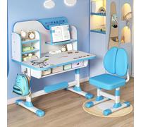 cukoekim Ensemble table et chaises réglables pour enfants, bureau d'étude à domicile avec chaise ergonomique, cloison scientifique et tiroir, ensemble table et chaises pour enfants pour écrire, lire