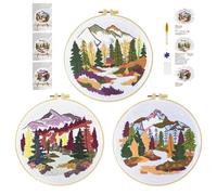cukol cukol 3pcs Kit Broderie Debutant Paysage Forestier, Kit Canvas Canevas et Broderie Point de Croix Débutant Enfant Complet Pré Imprimé Compté Moderne Easy Facile avec Fils Embroidery Set Adulte