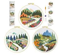 cukol cukol 3pcs Kit Broderie Debutant Paysage Printemps, Kit Canvas Canevas et Broderie Point de Croix Débutant Enfant Complet Pré Imprimé Compté Moderne Easy Facile avec Fils Embroidery Set Adulte
