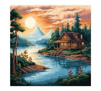 cukol cukol Canevas Broderie Point de Croix Kit Complet Adulte Debutant Compté Pré Imprimé Estampillé Moderne Débutant avec Fils, Facile Paysage Bord Lac 11ct Cross Stitch Loisirs Créatifs Set 40x40cm