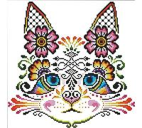 cukol cukol Canevas Broderie Point de Croix Kit Complet Adulte - Facile Kit Broderie Debutant pour Loisirs Créatifs Activité Manuelle, 36x36 cm 11CT Chat & Fleur Imprimé Cross Stitch Embroidery Set