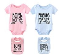 culbutomind Bébé jumeaux barboteuses ensemble amis nés pour toujours nouveau-né body garçons filles cadeau manches courtes jumeaux vêtements avec bavoir, multicolore, 3-6 mois