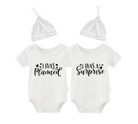 culbutomind Body Bébé Jumeaux I Was Planned I Was A Surprise Vêtement Jumeau Manches Courtes Pyjama Avec Bonnet(white 6m)