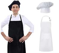 Culcenor CXING Toque de chef et tablier pour adulte en polyester uni réglable et élastique avec deux poches, accessoire de fête de Noël pour l'école à la maison - Blanc