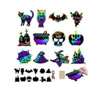 CULEB 12 Feuilles Halloween Carte a Gratter pour Enfants,Kit de Scratch Art avec Crayon Bois et Ruban Couleur,pour Décorations de Fête Halloween Enfants DIY Artisanat