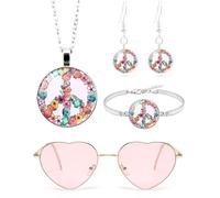 CULEB Lot de 4 Ensemble Accessoires Hippies,Vêtements Accessoires Hippies pour Femmes des Années 60 et 70,Paix Collier Boucles D'Oreilles Bracelet,Lunettes de Soleil Coeur Rose,Pour Halloween,Carnaval