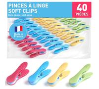 culiclean Pince a Linge - 40 pièces, Bleu-Jeune-Vert-Rose | Pinces à Linge "Soft Clips", Epingle a Linge, Fabriqué en France, 70x20m, Résistant UV, anti-rouille