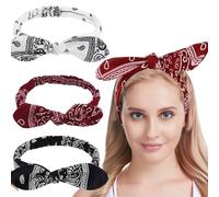 Culinavog Lot de 3 Bandeau élastique - Style Bohème et Rétro avec Nœud, Bandeau Paisley Bandana, Turban Imprimé, Bandeaux Extensibles, pour Sport, Yoga, Mode Quotidienne (Rouge,Blanc,Noir)