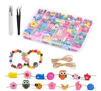 Culinavog Lot de 450 Perles en bois à enfiler,Perles bois Pour enfants à partir de 2,3,4 ans,formes de fleurs et d'animaux, Pince à épiler et 2 cordes perle en boisS pour bracelets, bijoux, colliers