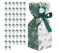 Culnflun 50pcs Boîtes à Bonbons pour Faveurs de Mariage en Marbre avec Rubans et Étiquettes, Petites Boîtes Cadeaux, 5x5x12cm Boîte à Faveur de Fête en Carton Blanc pour Mariages (feuilles vert forêt)