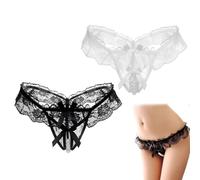 culotte femme sexy dentelle ouverte - lot de 2 - noir + blanc - taille unique - bas lingerie ajourée perles décoratives - idéal soirée romantique, rendez-vous, occasions spéciales