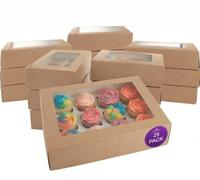 Culpitt Lot de 25 boîtes à cupcakes à 12 trous en papier kraft marron pour transporter et présenter de délicieux muffins, gâteaux féériques, friandises