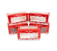 Culpitt Lot de 5 boîtes à bûches de Noël | Boîtes de présentation de Noël rouges et dorées avec fenêtre transparente - Boîtes à gâteaux solides pour les vacances festives | 20,3 x 10,2 cm - Lot de 5