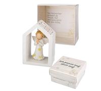 CULT at home Ange gardien porte-bonheur - Cadeaux de courage dans une boîte cadeau « Ich pass auf Dich auf Dich auf » - Petite figurine décorative ange dans le cadre de la maison - Hauteur : 8 cm