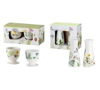 CULT at home Coffret cadeau 6 pièces - Lot de 4 coquetiers avec poivrière - Salière et poivrière insolites avec 4 tasses à œufs en porcelaine colorée décor floral sauvage
