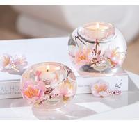 CULT at home Gilde Dreamlight Lot de 2 photophores rose Mercur - Décoration de mariage - Fleurs de Pâques - Bougies chauffe-plat en verre - Fleurs de cerisier - Baies - Diamètre 8/9 cm