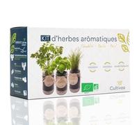 CULTIVEA® Kit Herbes Aromatiques Intérieur Bio (Bleu) - Basilic, Persil et Ciboulette à Faire Pousser - Mini Potager avec Bocaux en Verre - Kit Plantes Aromatiques - Idée Cadeau
