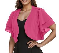 CuLtP boléro cérémonie Boléro Court en Mousseline De Soie pour Femme Veste Légère D'Été Cardigan Transparent Double Couche Volants Manches Courtes Chemisier Robes De Soirée Châle Rose Rouge
