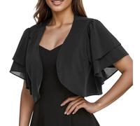 CuLtP boléro cérémonie Boléro Court en Mousseline De Soie pour Femme Veste Légère D'Été Cardigan Transparent Double Couche À Volants Manches Courtes Chemisier Robes De Soirée Châle Noir XXL