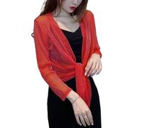 CuLtP Bolero Femme Boléros Scintillants pour Femmes Cardigan Transparent À Manches Longues Court D'Été Vestes De Soirée en Soie Glacée Robes De Soirée Châle Manteau Rouge XL