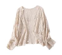CuLtP Bolero Femme Chic et Elegant Boléro Cardigans pour Femmes Bohème Crochet Maille Pure Cardigan Été À Manches Longues Plage Couvrir Vintage Robes De Soirée Boléro Vestes Manteau Beige L