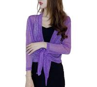 CuLtP Bolero Femme Chic Et Elegant Boléros Scintillants pour Femmes Cardigan Transparent À Manches Longues Court D'Été Vestes De Soirée en Soie Glacée Robes De Soirée Châle Manteau Violet M