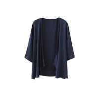 CuLtP Cardigan en Coton Et Lin pour Femmes Boléro Léger Veste Cascade Été Manches Mi Longues Couverture De Plage Décontracté Ouvert sur Le Devant Kimono Chemisier Manteau Bleu Marine M